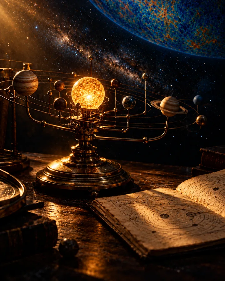 An antique brass orrery in front of deep space