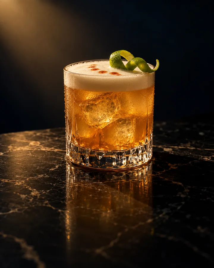 An amber whiskey sour on a black marble bar