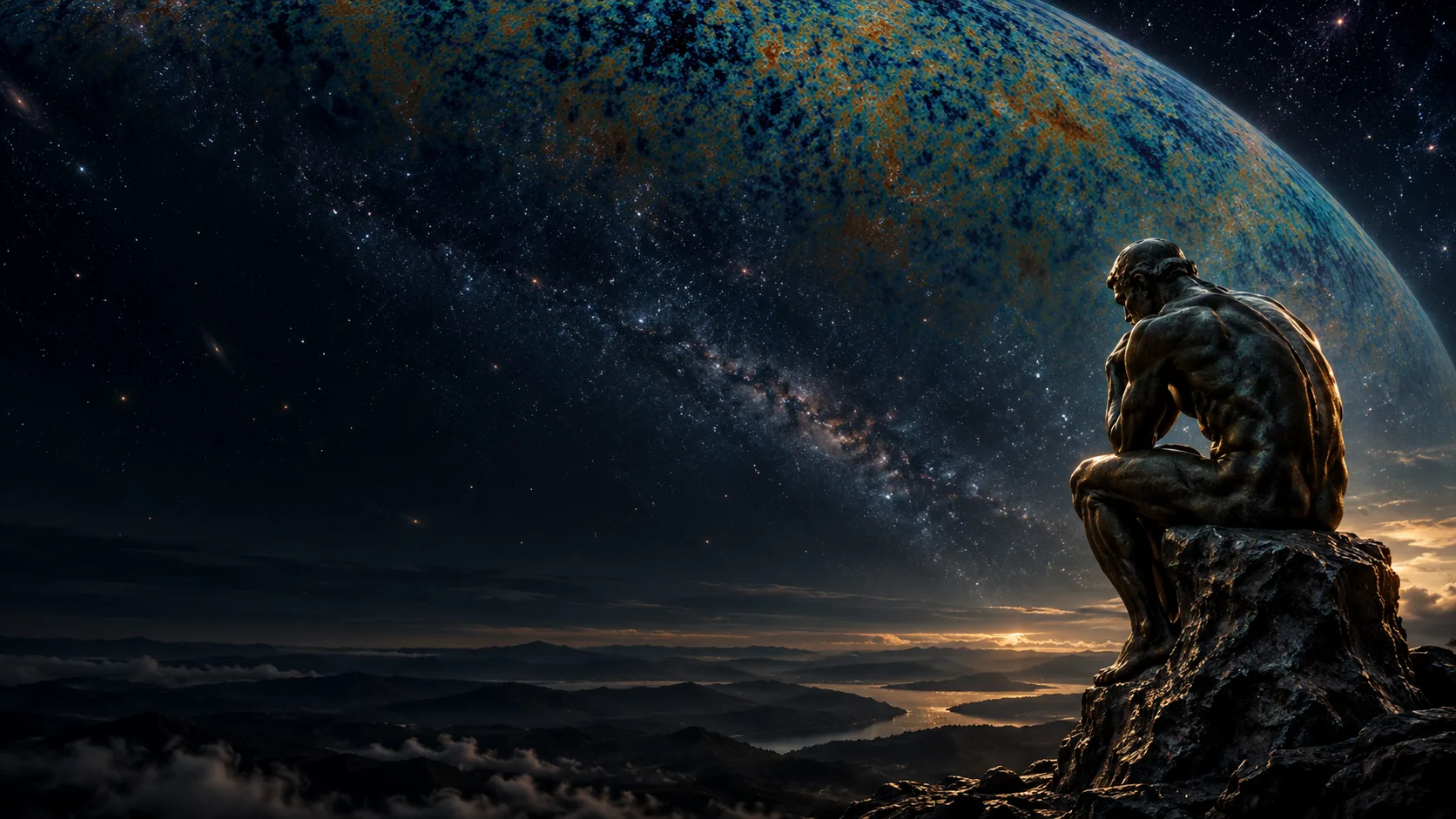 A bronze thinker on a rock, looking up at a universe wrapped in a glowing shield