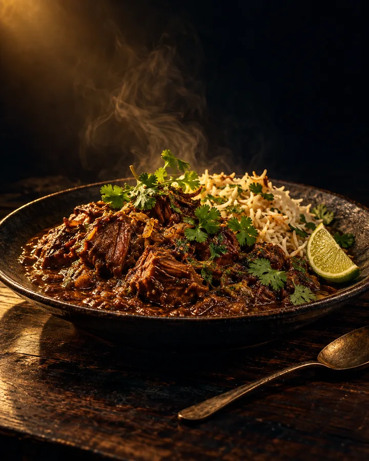 A slow-cooked spiced stew with rice, coriander and lime