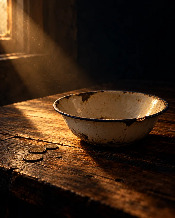 A single empty enamel bowl and three coins in a beam of light